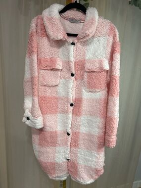 Pink Checkered Sherpa Shacket Jacket Long Cozy Plush Button Down Oversized S